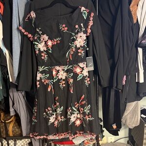 Adrianna Papell Black Dress with Floral Embroidery